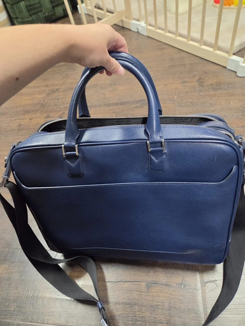 Montblanc Sartorial Large Leather Briefcase Double Zip Document Case Blue Navy